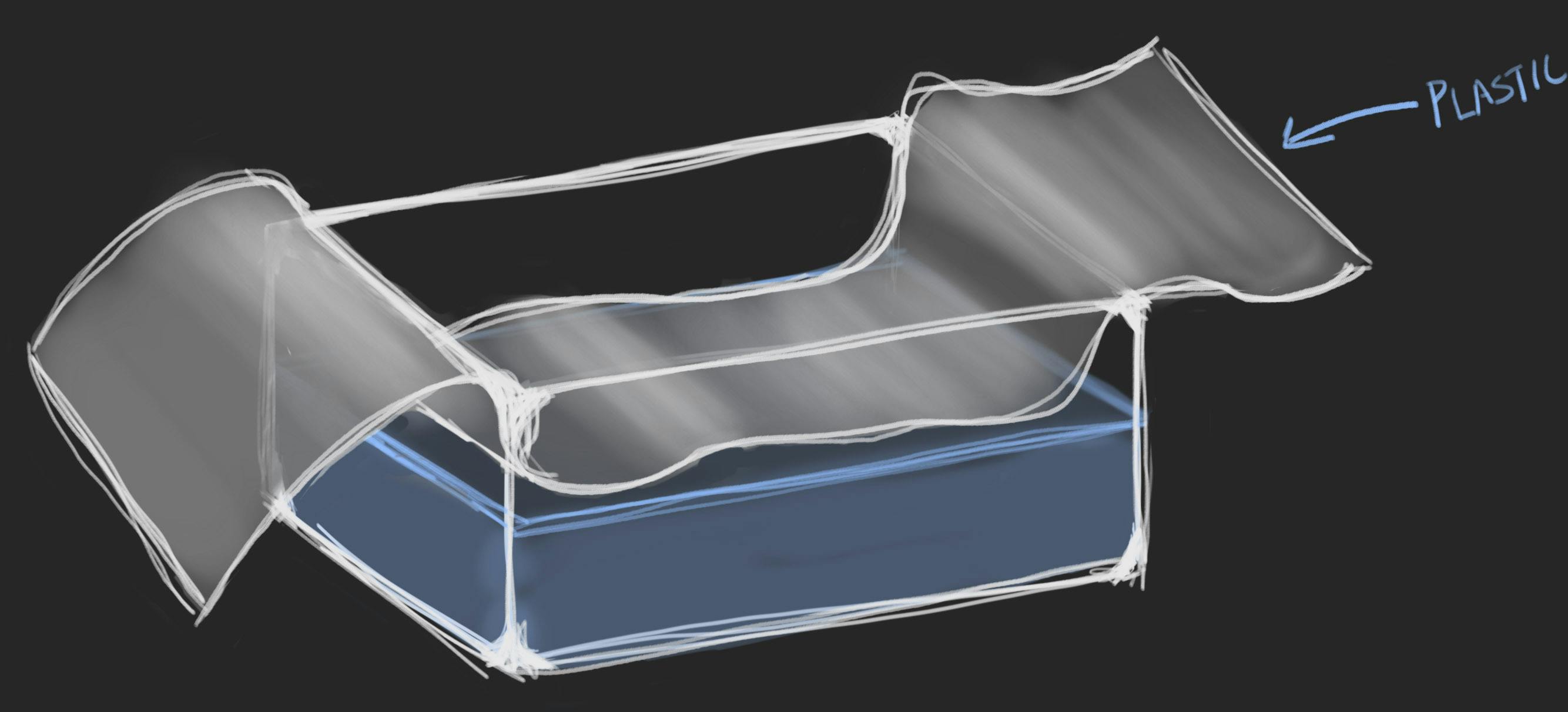 a drawing of an aquarium filled half way with water and a sheet of plastic draped over the top
