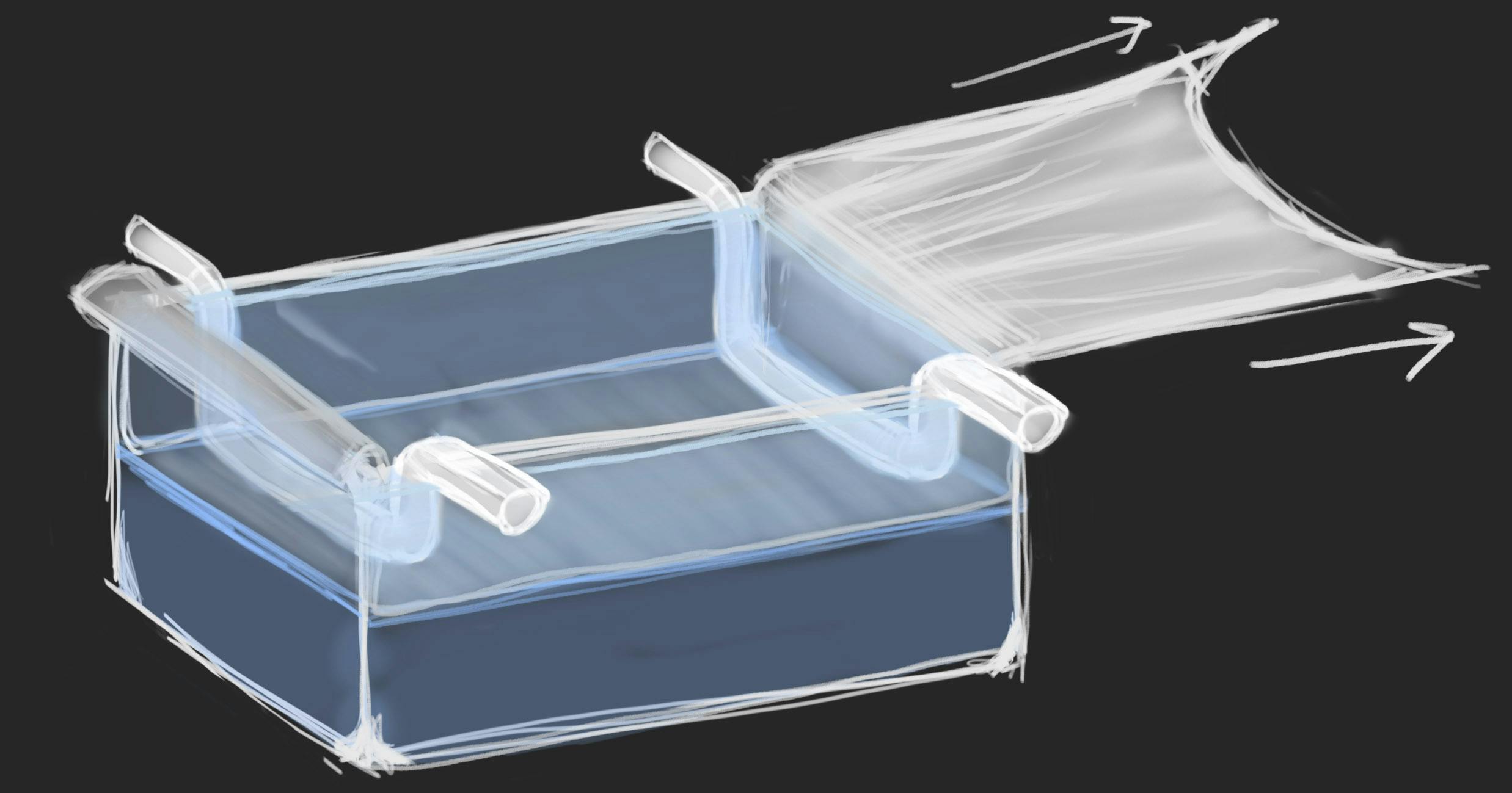 a drawing of an aquarium filled half way with water and a sheet of plastic draped over the top and two curved pieces of PVC holding down the plastic while it is being pulled from the side