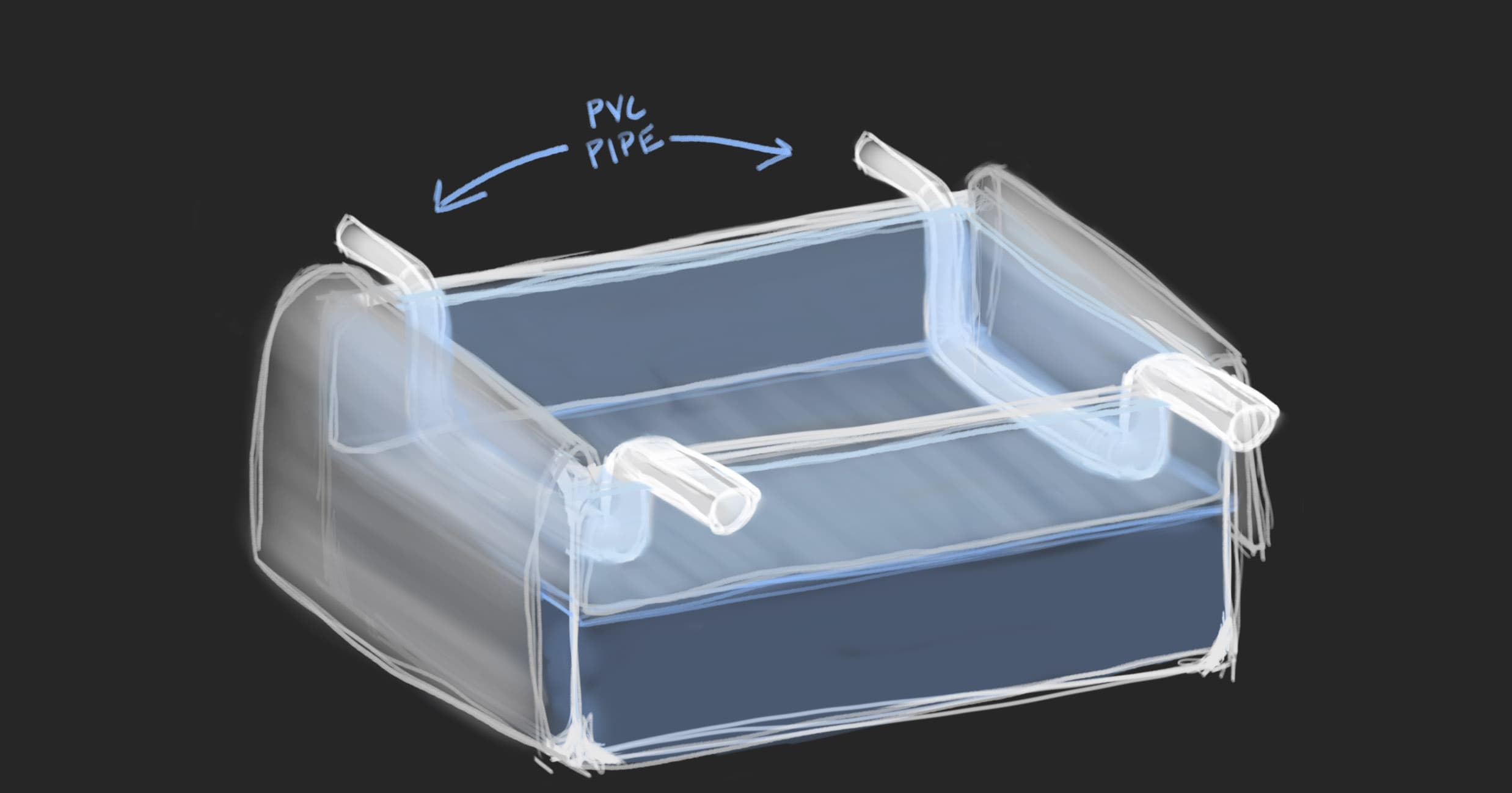 a drawing of an aquarium filled half way with water and a sheet of plastic draped over the top