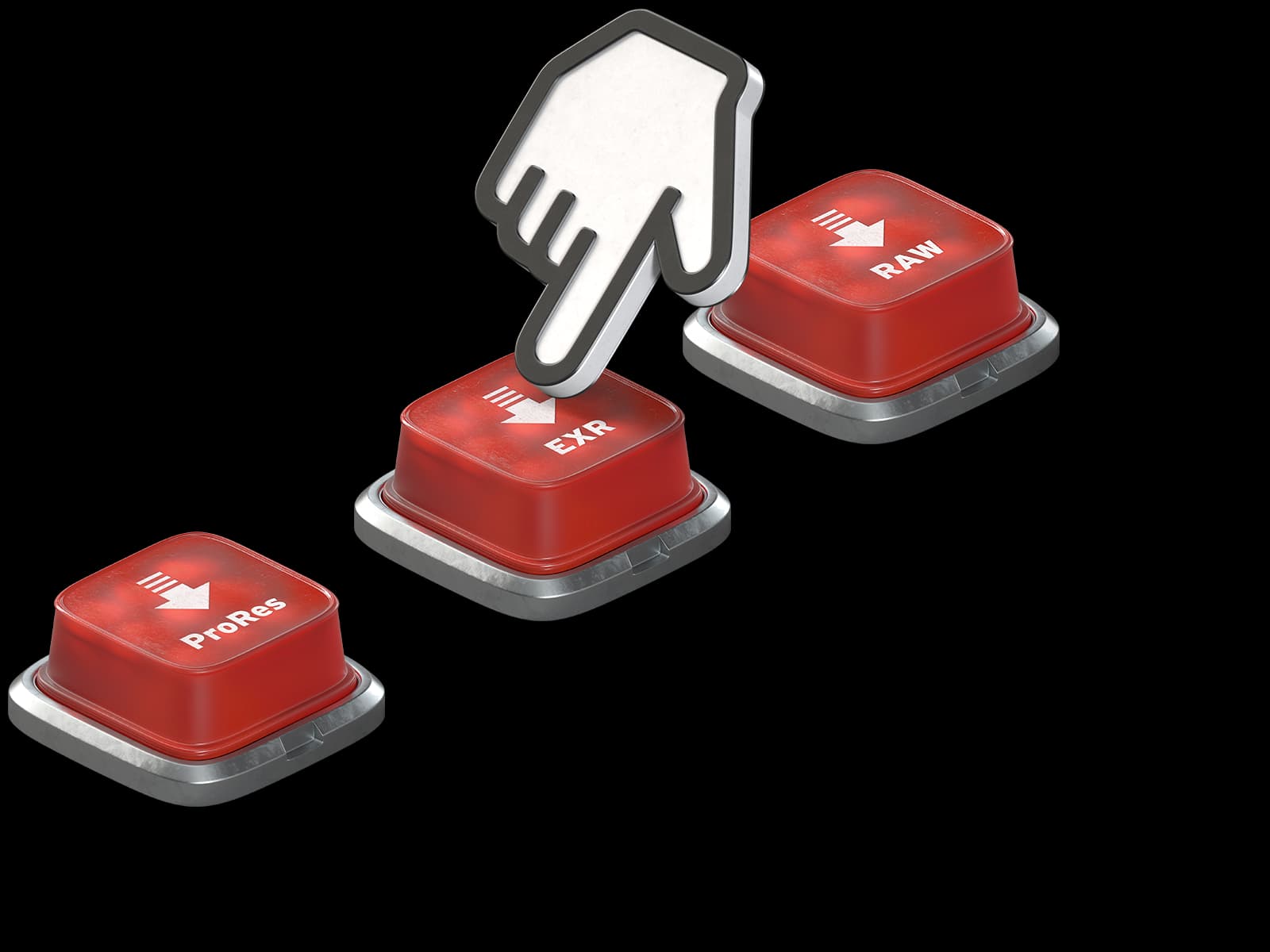 A hand icon touching a red button