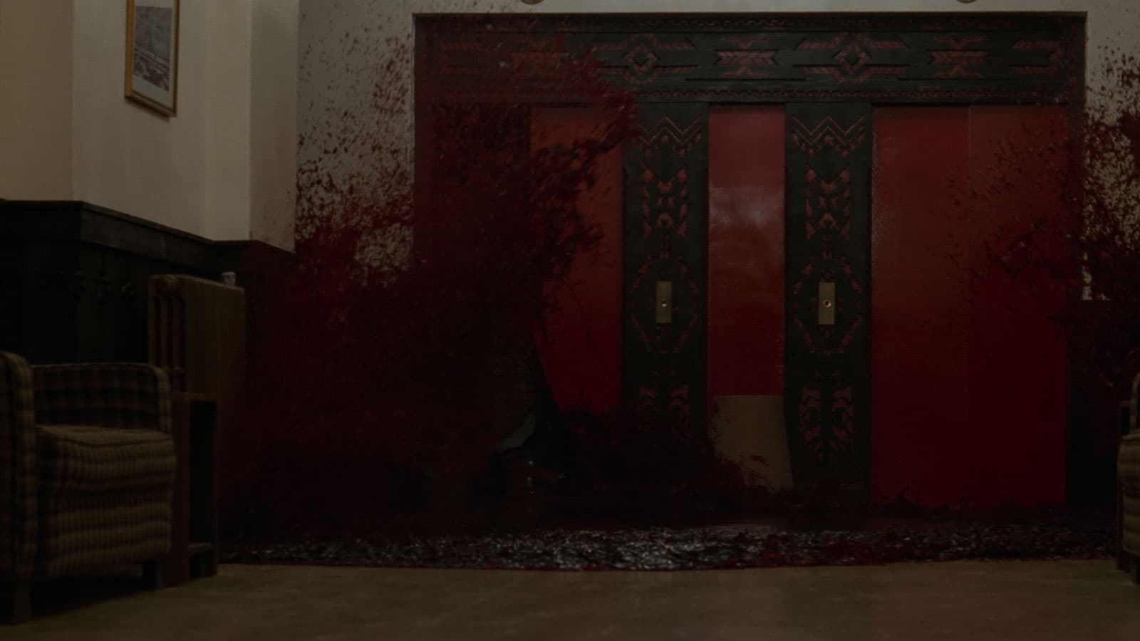 hotel elevator doors opening and spilling blood